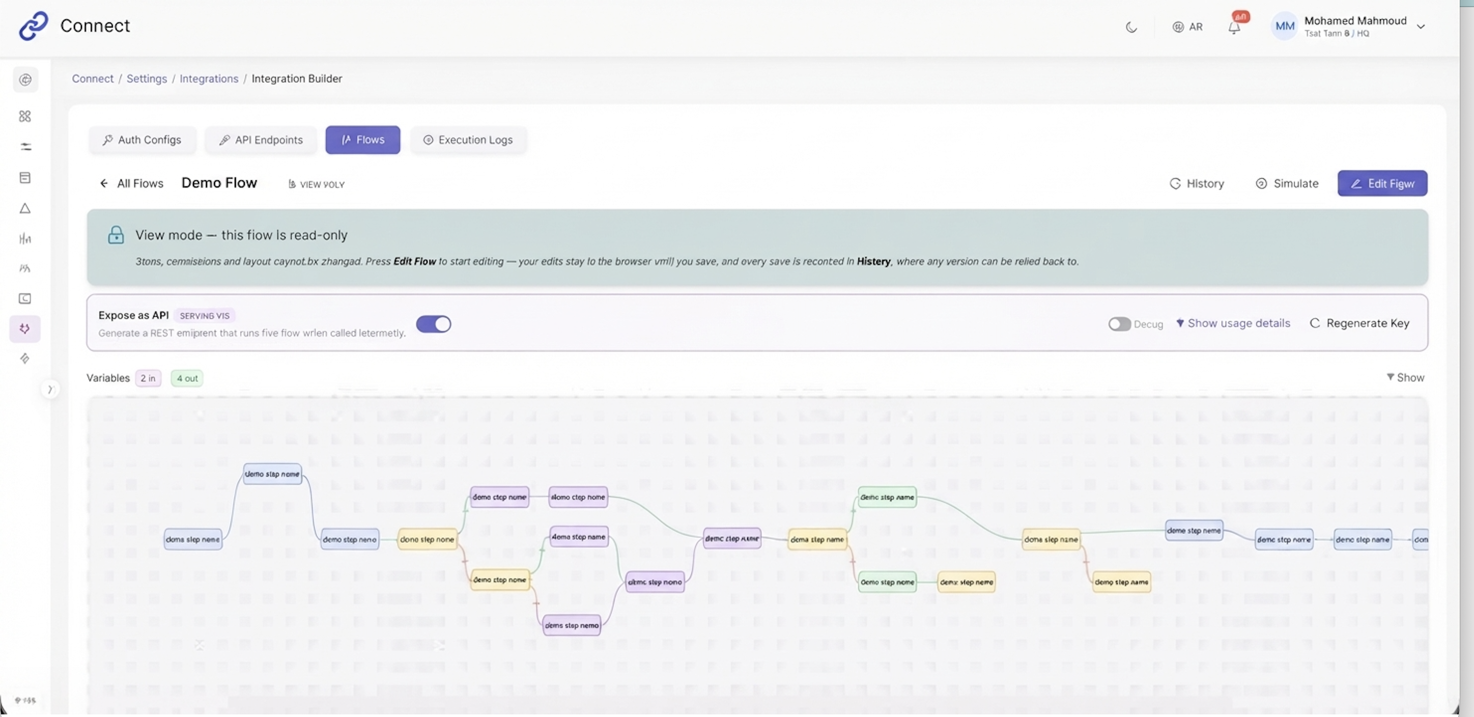 Connect integration builder showing a demo flow