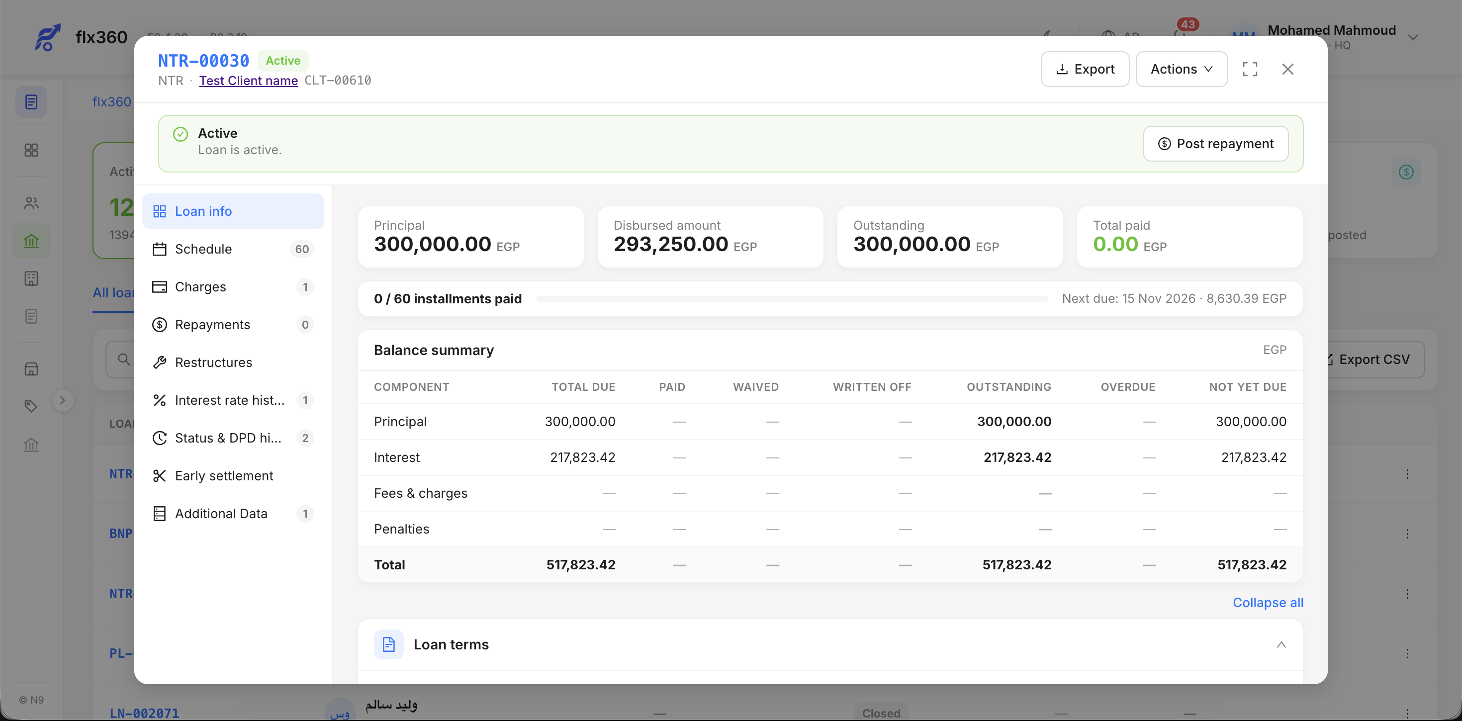 flx360 LMS loan detail with balance summary