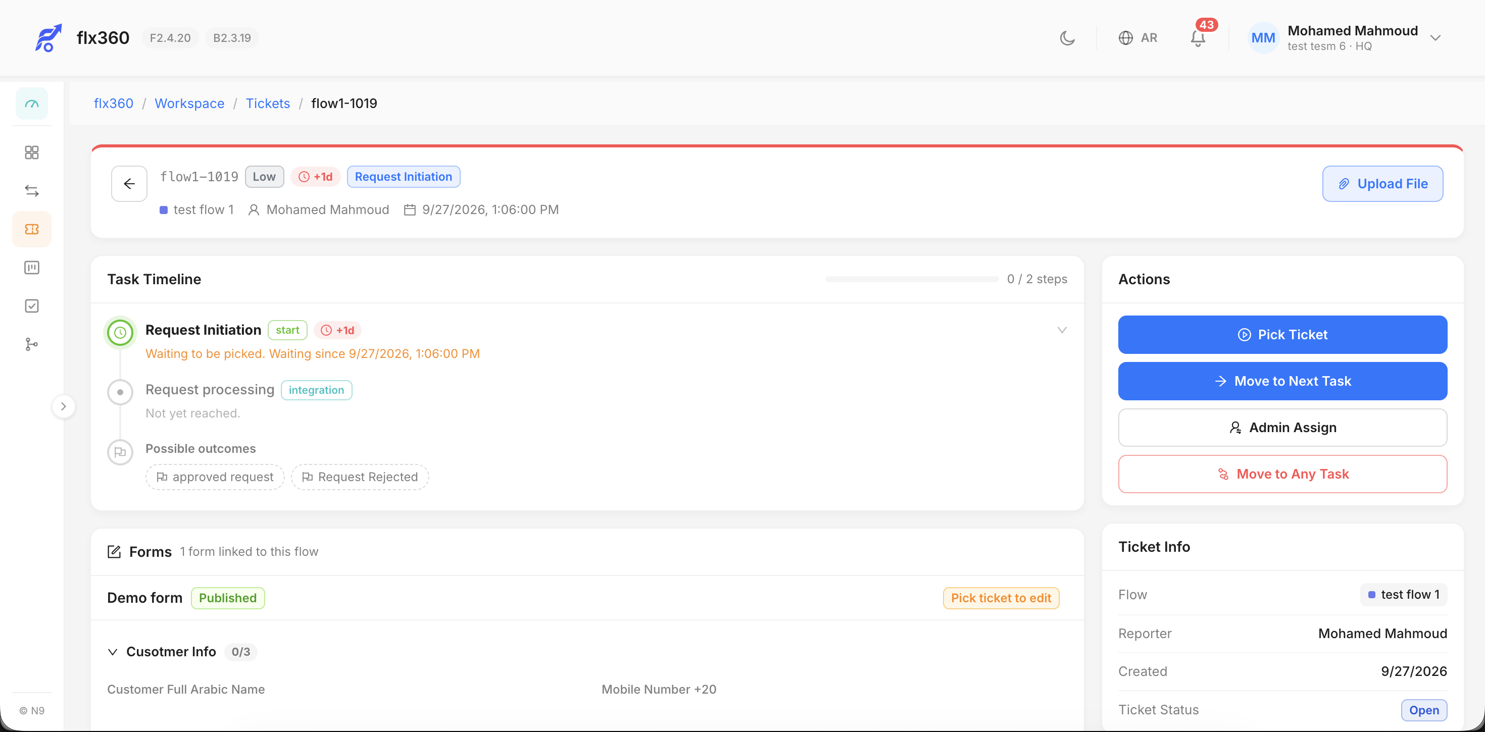 flx360 Workspace ticket with task timeline